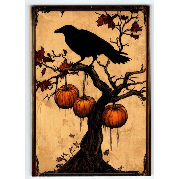 Vintage Halloween Postcard Crow on Tree with Hanging Pumpkins 5.5x4" - Picture 1 of 2